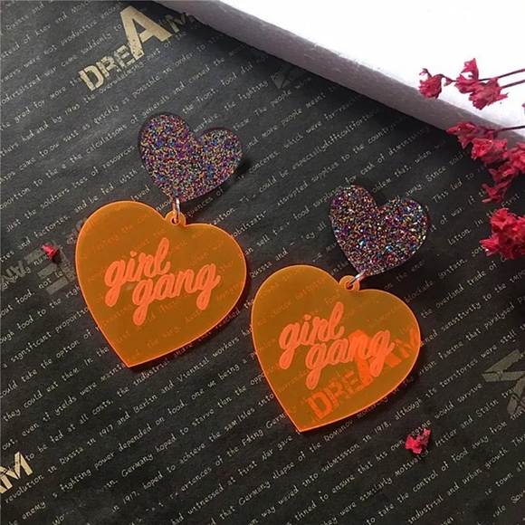 Girl Gang Oversized Glitter Orange Heart Earrings - Picture 2 of 7